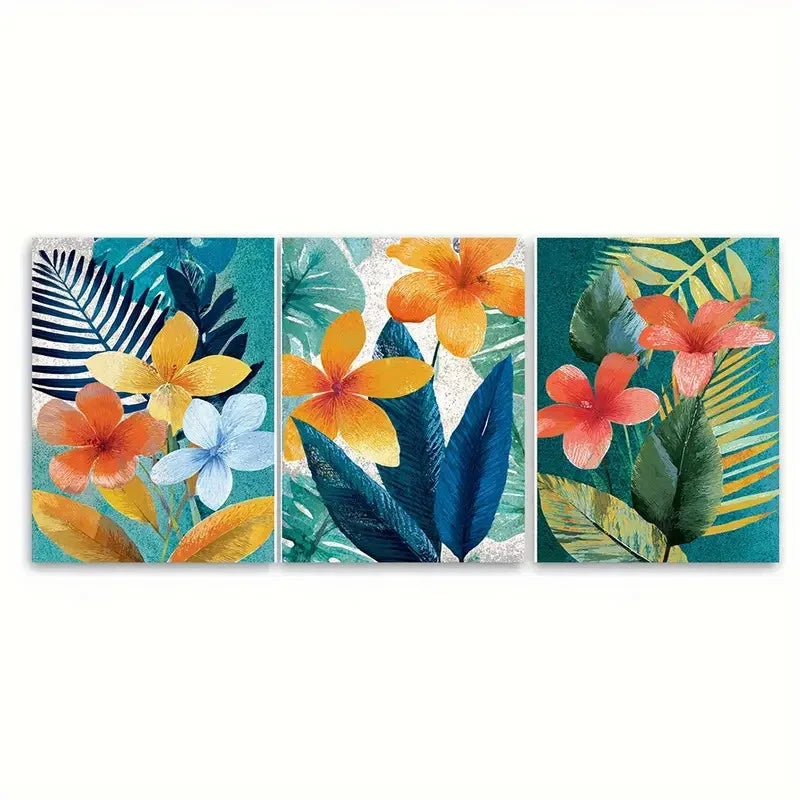 3pcs Menorca Travel Tropical Floral Illustration Wall Art Set Canvas Framed 60x90cm - High Quality Print 100% Australian Made Wall Canvas Ready to Hang