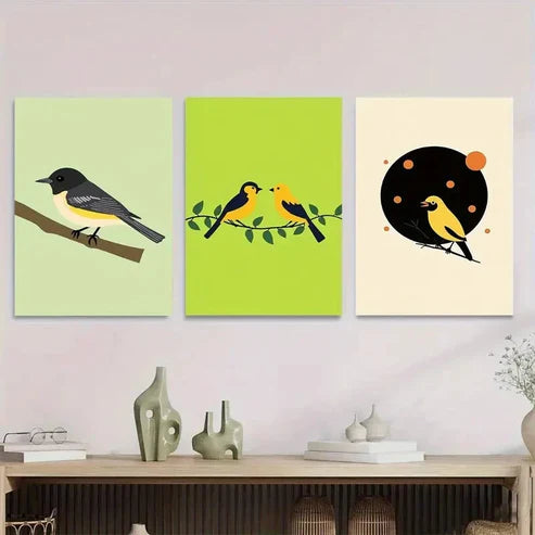 3pcs Modern Minimalist Bird Vibrant Green White Art Set Canvas Unframed - High Quality Print 100% Australian Made Wall Canvas