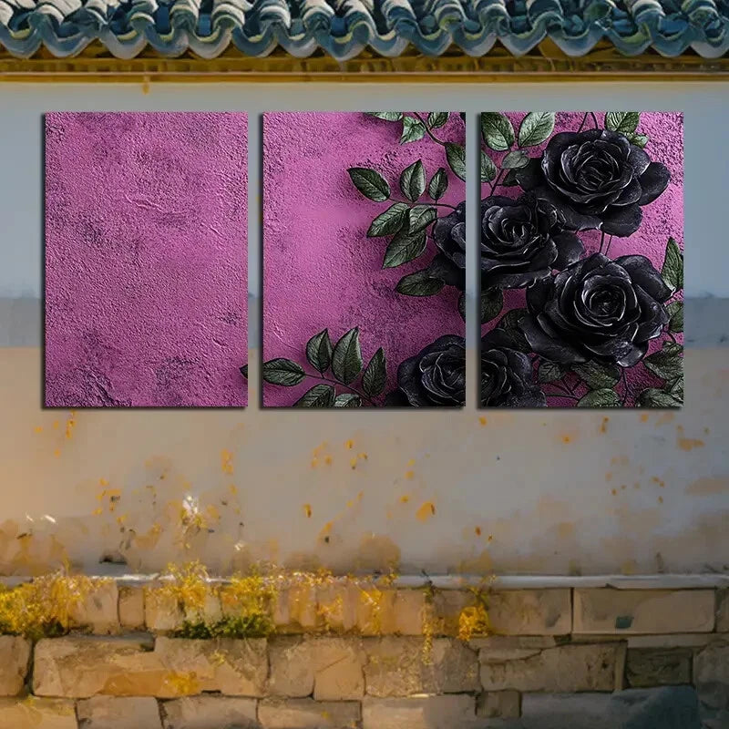 3pcs Purple Rose with Pink Background Design Metal Print Ready to Hang Art - Bella Home Decor