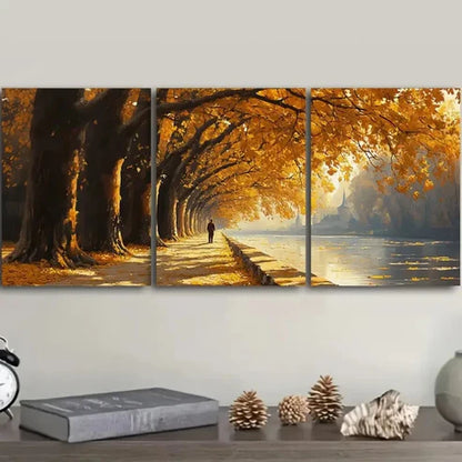 3pcs Golden autumn trees along the river Wall Art Set Canvas Unframed - High Quality Print 100% Australian Made Wall Canvas - Bella Home Decor