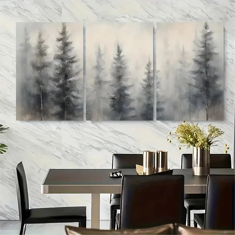 3pcs Serene Misty Pine Trees Scene Metal Print Ready to Hang Art