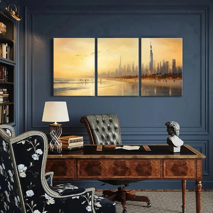 3pcs Futuristic Skyline Palm Trees & Seagulls Metal Print Ready to Hang Art - Bella Home Decor