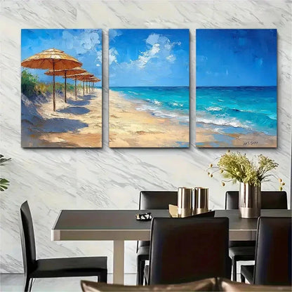 3pcs Beach Umbrellas Oil Painting Coastal S  Wall Art Set Canvas Framed 40x60cm - High Quality Print 100% Australian Made Wall Canvas Ready to Hang - Bella Home Decor
