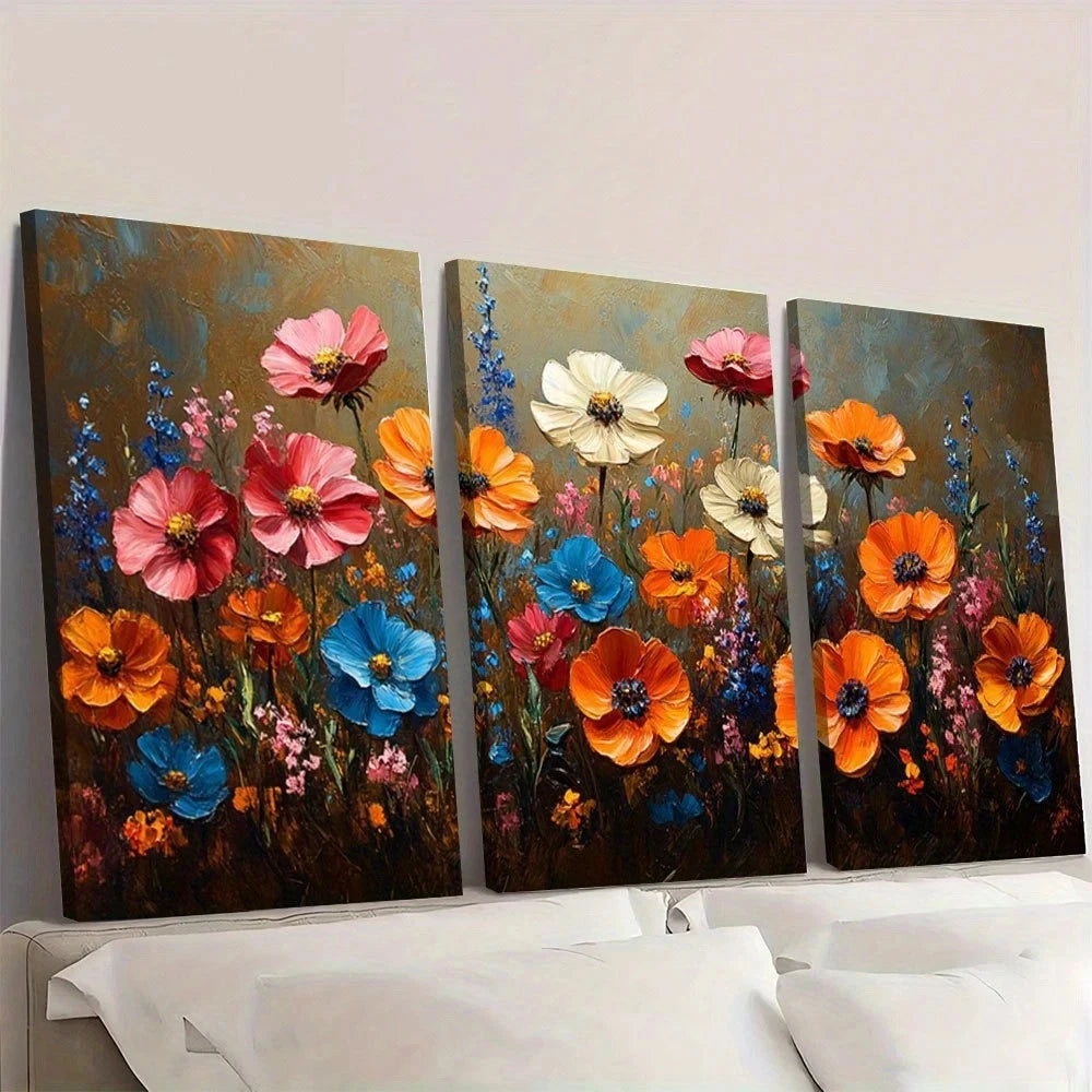 3pcs Vintage Wildflower Oil Painting Wall Art Set Canvas Framed 40x60cm - High Quality Print 100% Australian Made Wall Canvas Ready to Hang