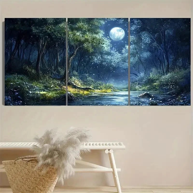 3pcs Fantasy Moonlit Forest Design Metal Print Ready to Hang Art