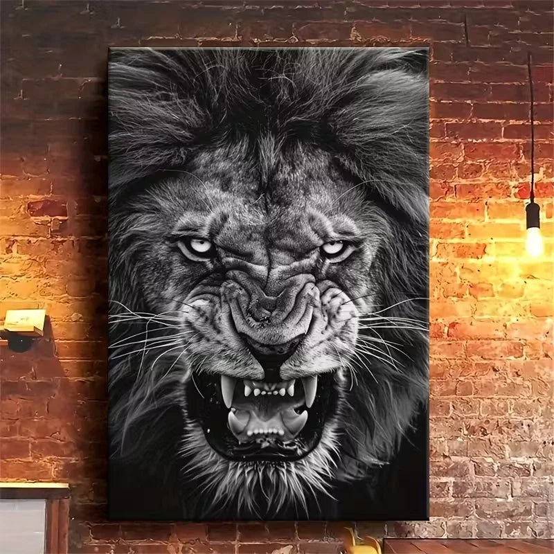 Fierce Black & White Lion Gaze 60x90cm Metal Print Ready to Hang