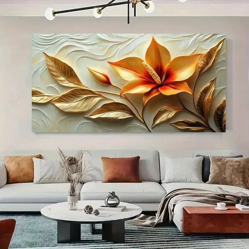 Vibrant Orange Flowers & Golden Wall Art Canvas Office Home Room Framed 120x60cm