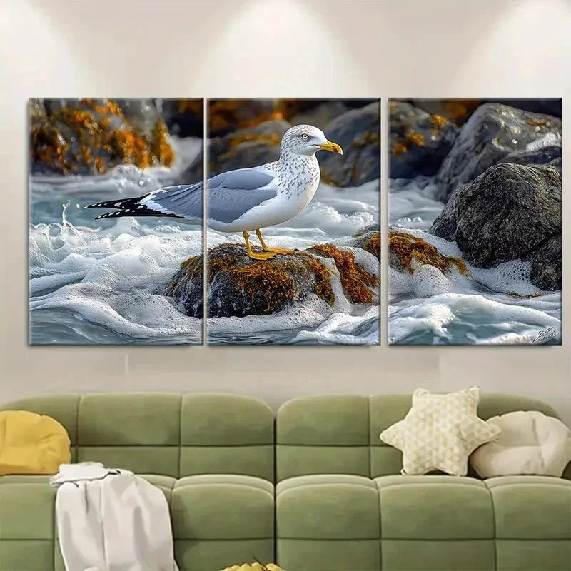 3pcs Seagull Mossy Rocks by Sea D  Wall Art Set Canvas Framed 40x60cm - High Quality Print 100% Australian Made Wall Canvas Ready to Hang