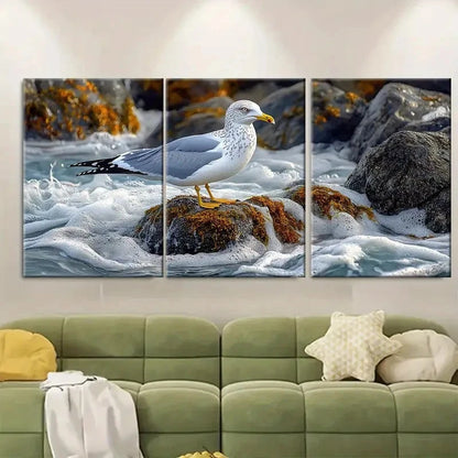 3pcs Seagull Mossy Rocks by Sea D  Wall Art Set Canvas Framed 40x60cm - High Quality Print 100% Australian Made Wall Canvas Ready to Hang