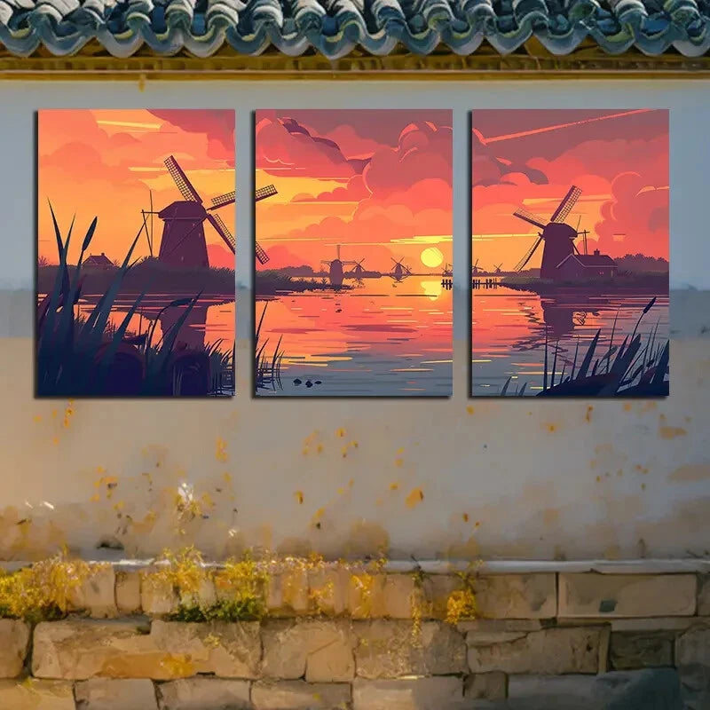 3pcs The Windmill at Sunset Illustration Metal Print Ready to Hang Art - Bella Home Decor