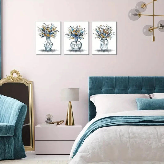 3pcs Blue Floral in Jar Painting Farmhouse Metal Print Ready to Hang Art