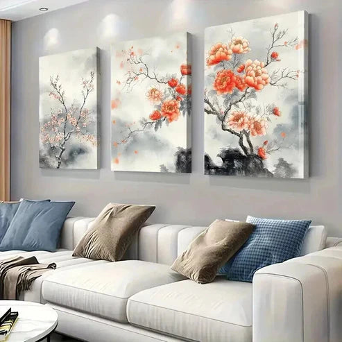 3pcs Lively Peach And Cherry Blossom Wall Art Set Canvas Unframed - High Quality Print 100% Australian Made Wall Canvas