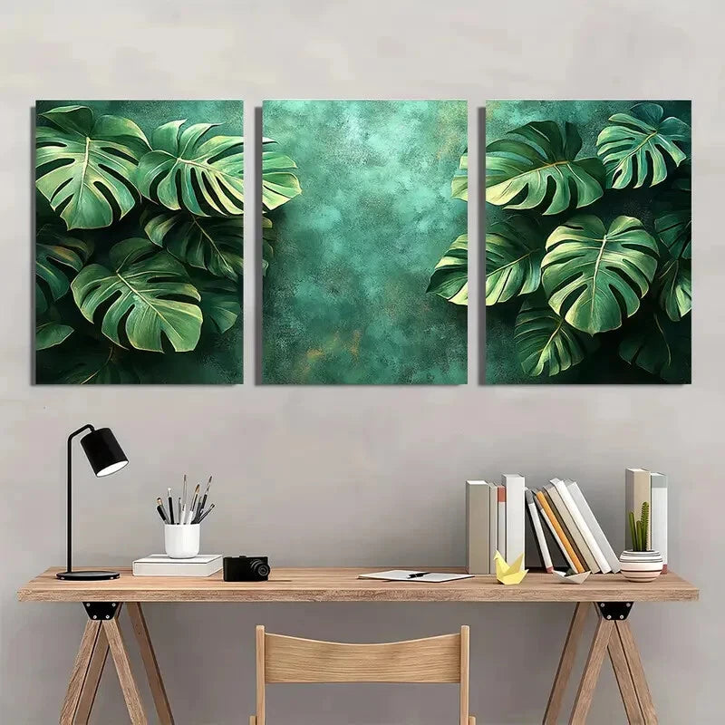 3pcs Minimalist Sage Green Monstera Leaf Metal Print Ready to Hang Art - Bella Home Decor