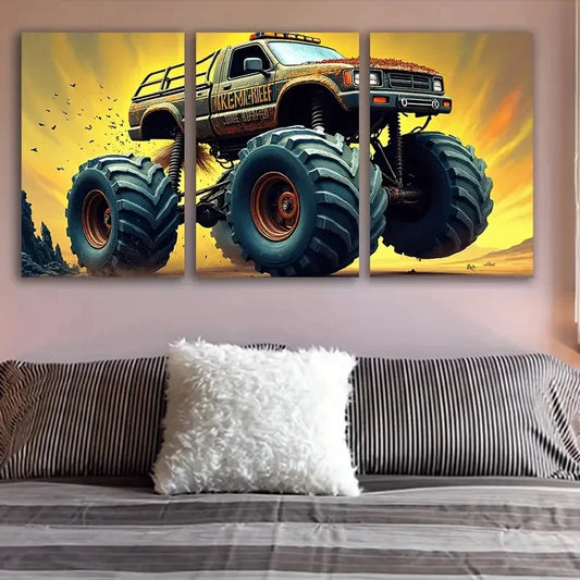 3pcs Monster Trucks Flying By Wall Art Set Canvas Framed 40x60cm - High Quality Print 100% Australian Made Wall Canvas Ready to Hang