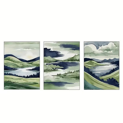 3pcs Blue and Green Abstract Landscape  Wall Art Set Canvas Framed 50x70cm - High Quality Print 100% Australian Made Wall Canvas Ready to Hang - Bella Home Decor
