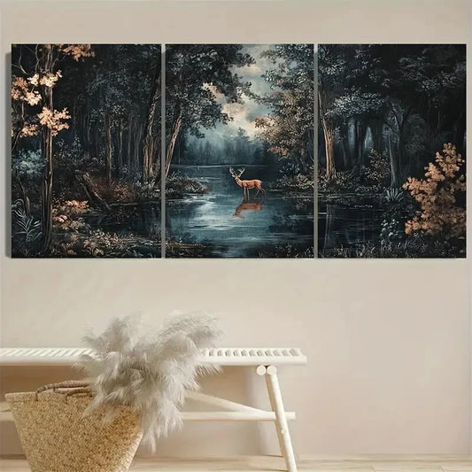 3pcs Deer In The Forest Lake Dark Moody Design Metal Print Ready to Hang Art