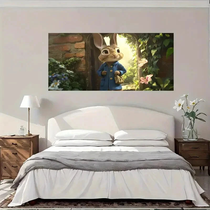 Rabbit In Blue Coat Garden Wall Art Canvas Office Home Room Framed 120x60cm