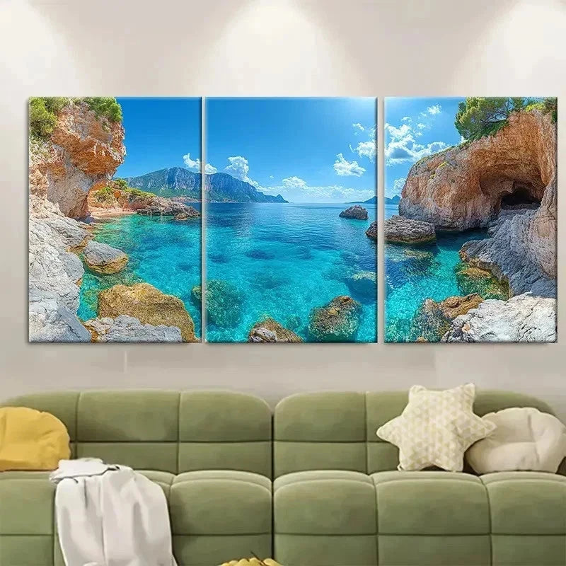 3pcs Vast Blue Seascape Caccia Italy O  Wall Art Set Canvas Framed 60x90cm - High Quality Print 100% Australian Made Wall Canvas Ready to Hang - Bella Home Decor
