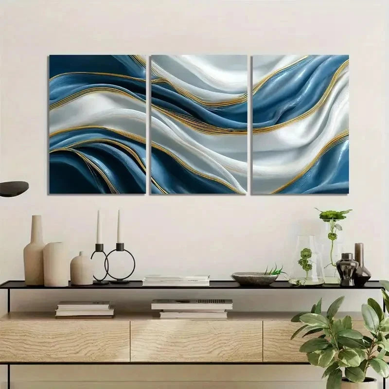 3pcs Abstract Blue and White Silk Waves Paintings Metal Print Ready to Hang Art - Bella Home Decor