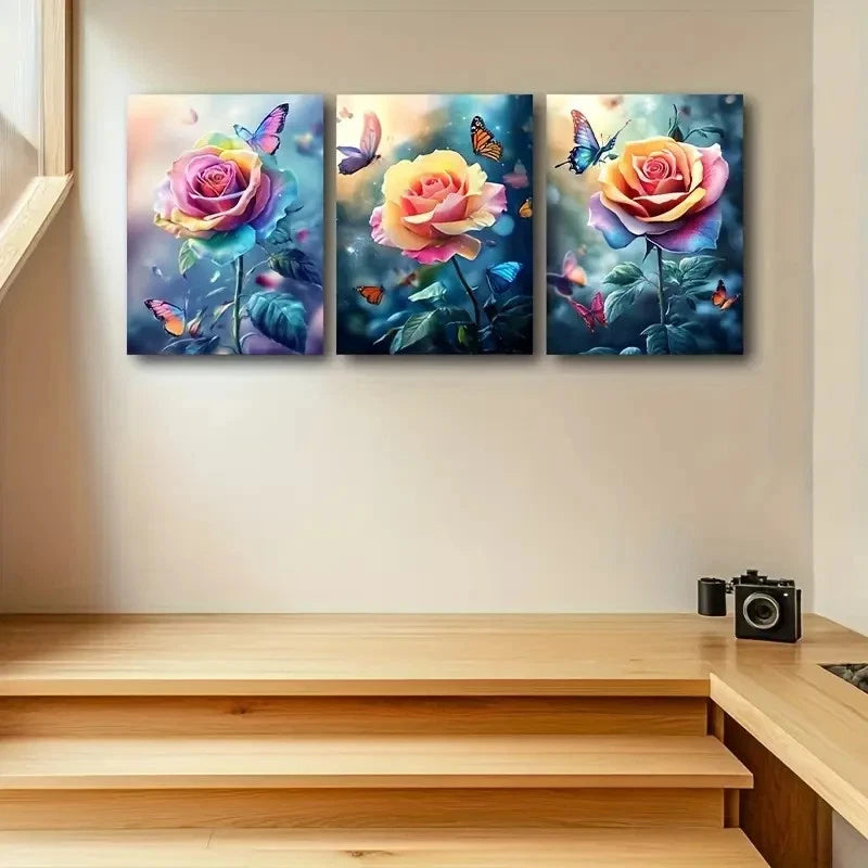 3pcs Vibrant Rose & Butterfly Design Wall Art Set Canvas Framed 60x90cm - High Quality Print 100% Australian Made Wall Canvas Ready to Hang