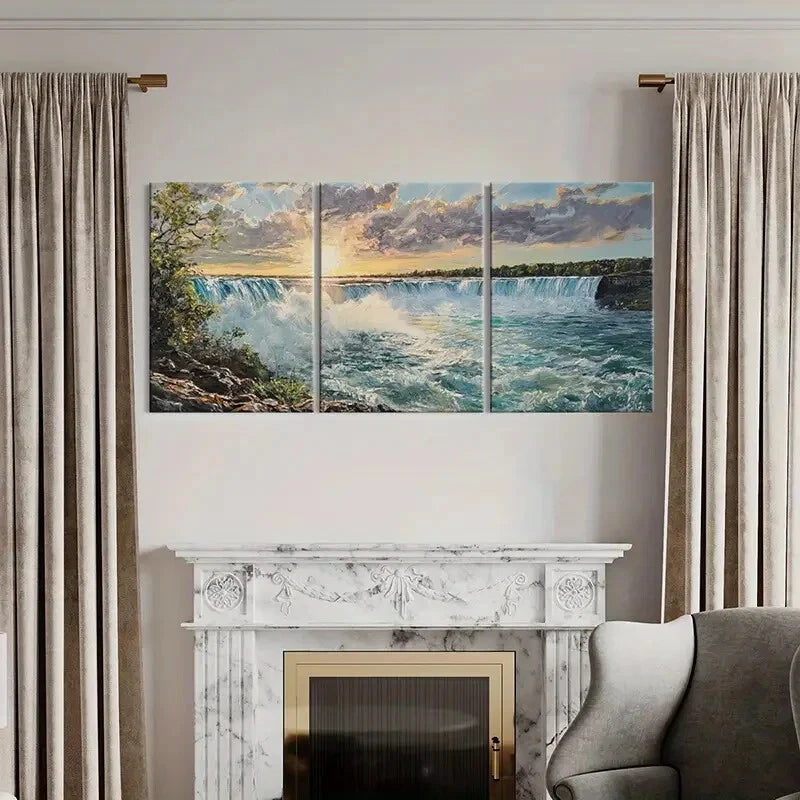 3pcs Sunset Waterfall Clouds Natural Landscape Metal Print Ready to Hang Art - Bella Home Decor