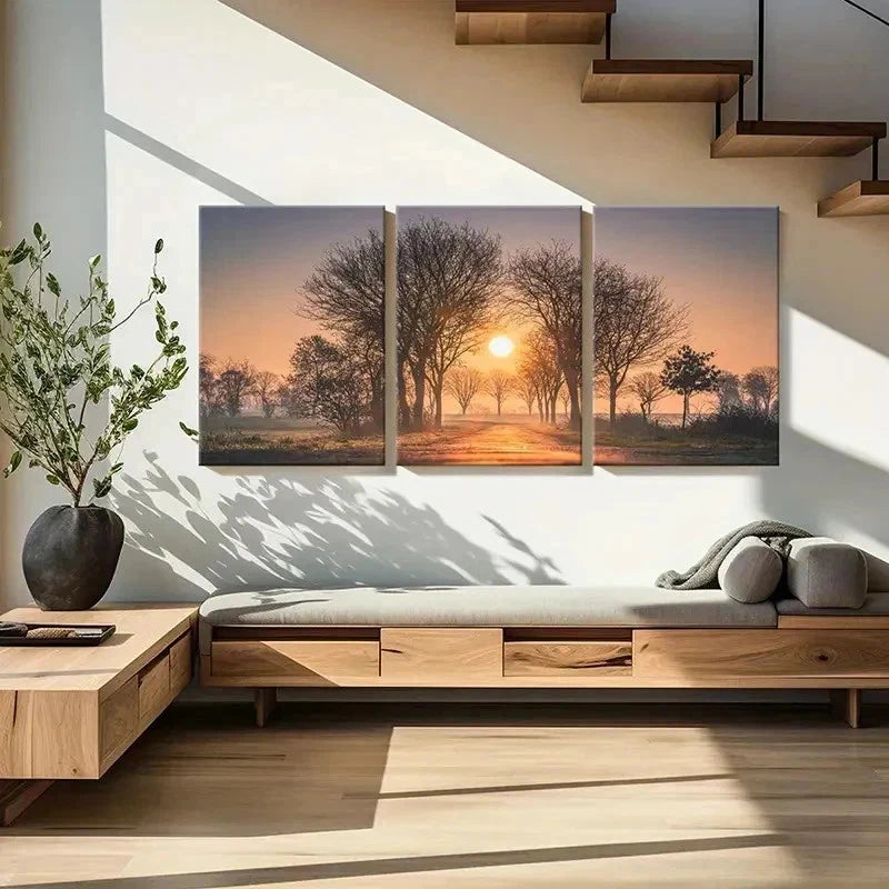 3pcs Sunset Through Trees Painting Wall Art Set Canvas Framed 50x70cm - High Quality Print 100% Australian Made Wall Canvas Ready to Hang - Bella Home Decor