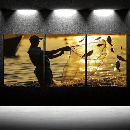 3pcs Fishermen Silhouette Sea Sunset Scenery Metal Print Ready to Hang Art - Bella Home Decor