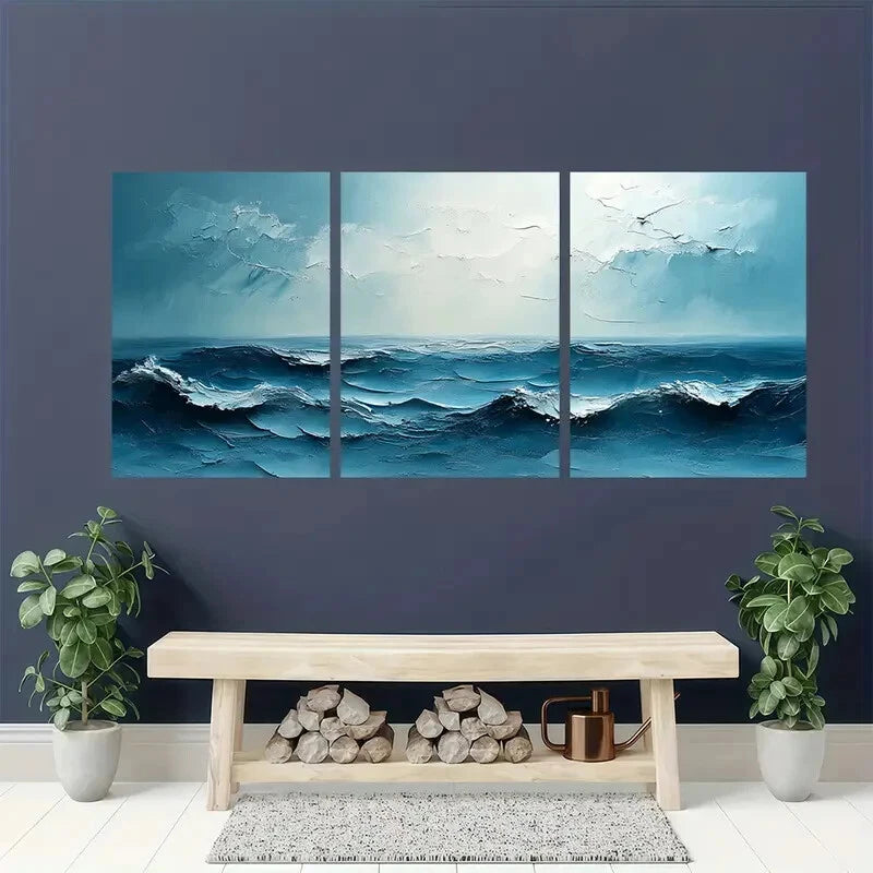 3pcs Abstract Ocean Waves Decorative Painting Metal Print Ready to Hang Art - Bella Home Decor