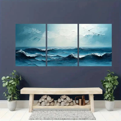 3pcs Abstract Ocean Waves Decorative Painting Metal Print Ready to Hang Art - Bella Home Decor