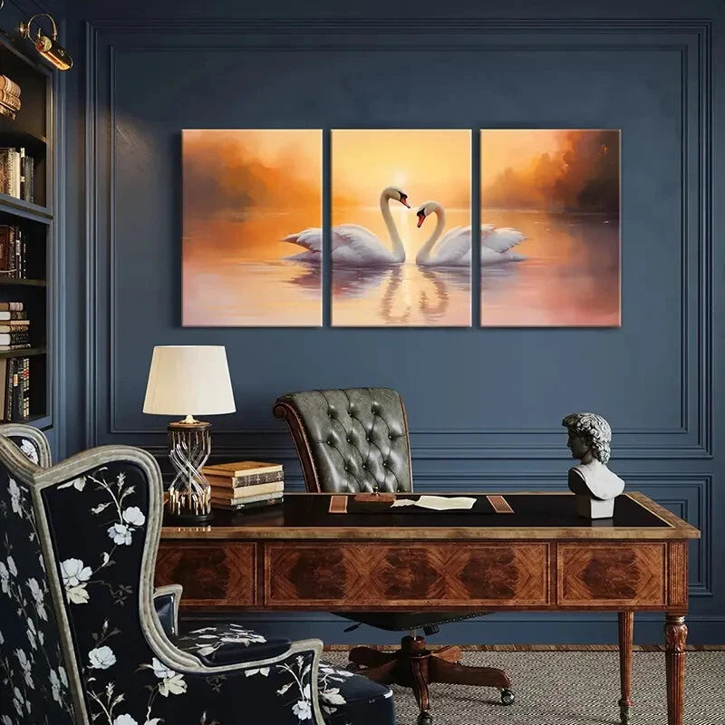 3pcs Swan Couple in Lake Sunset Serene Metal Print Ready to Hang Art - Bella Home Decor