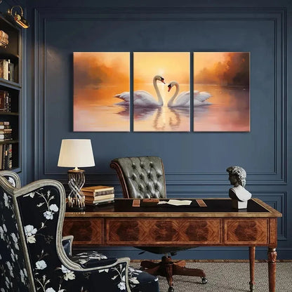 3pcs Swan Couple in Lake Sunset Serene Metal Print Ready to Hang Art - Bella Home Decor