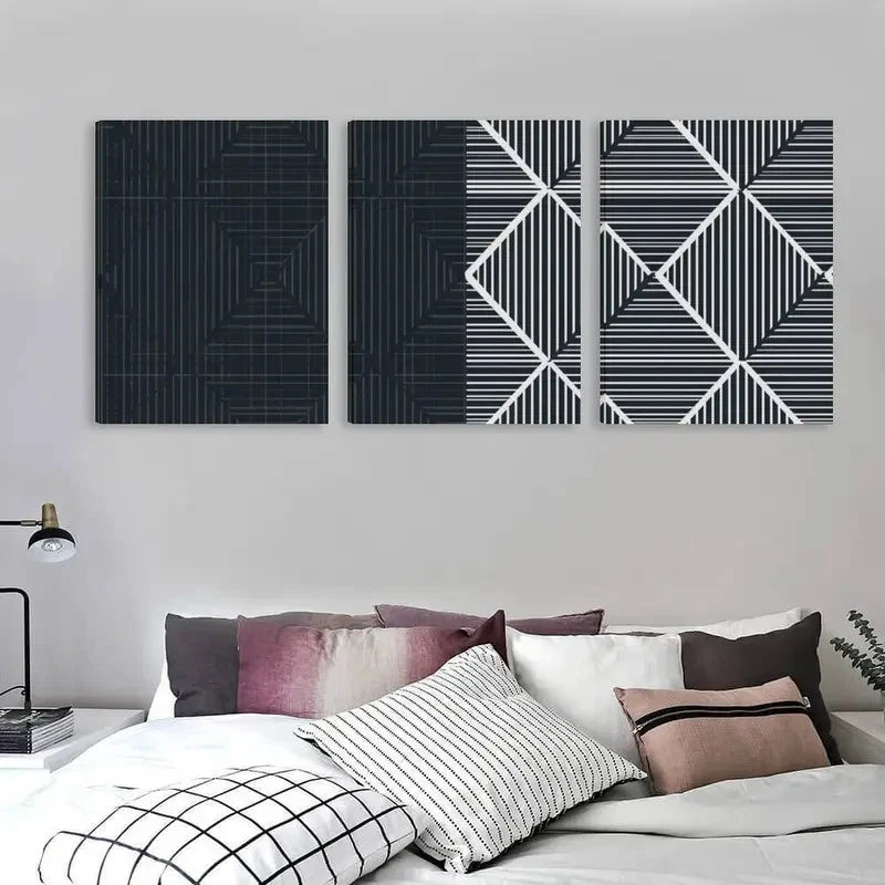 3pcs Black & White Geometric Line Decor   Wall Art Set Canvas Framed 50x70cm - High Quality Print 100% Australian Made Wall Canvas Ready to Hang - Bella Home Decor