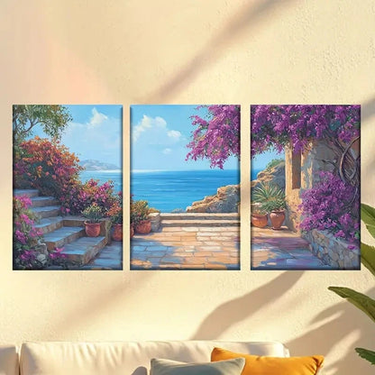 3pcs Coastal Scene with Purple Flowers & Stone Wall 40x60cm - High Quality Print 100% Australian Made Wall Canvas Ready to Hang - Bella Home Decor