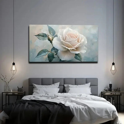 Elegant White Rose with Green Wall Art canvas office home room framed 120x60cm