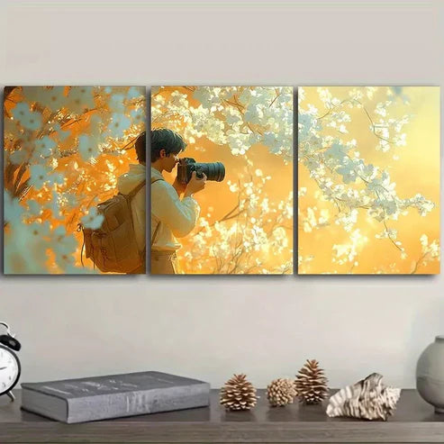 3pcs Male Cameraman Holding Camera Flowers Wall Art Canvas Unframed - High Quality Print 100% Australian Made Wall Canvas
