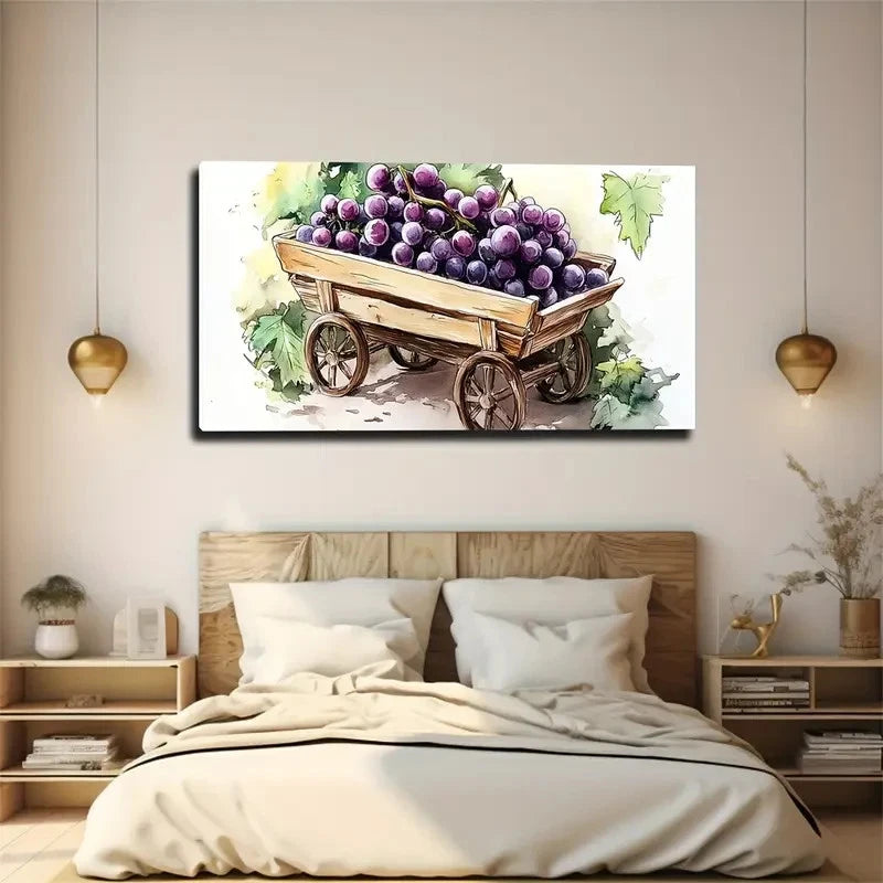 Wooden Cart With Purple Grapes Wall Art Canvas Office Home Room Framed 120x60cm