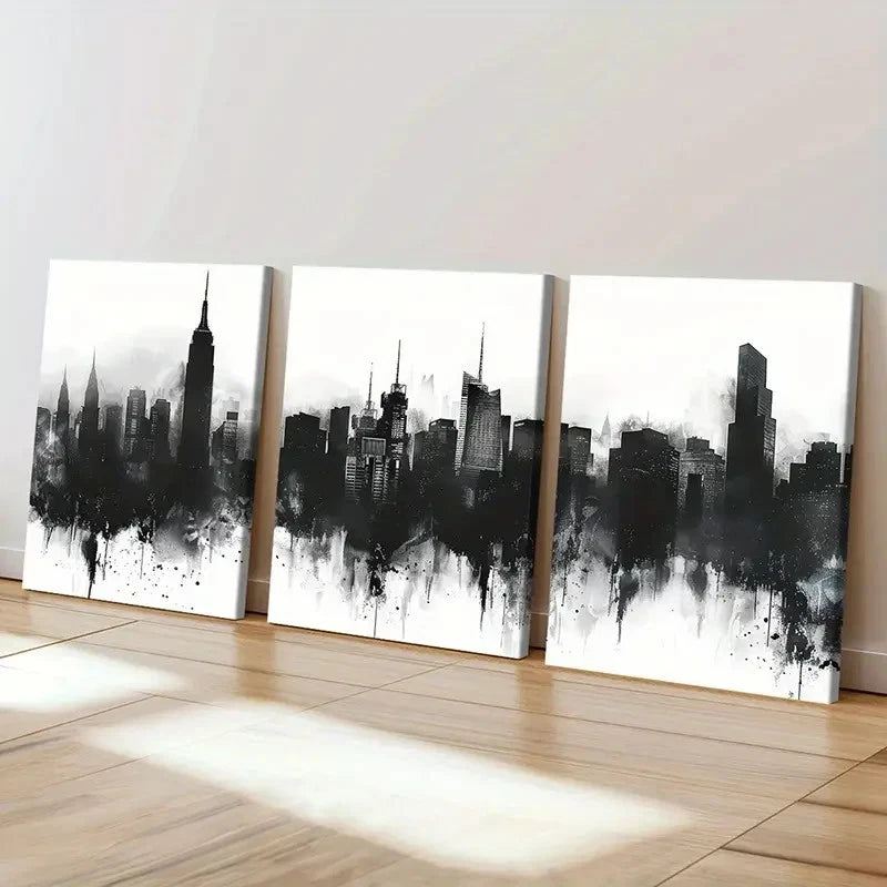 3pcs Black & White Ink Splash Urban Skyline   Wall Art Set Canvas Framed 50x70cm - High Quality Print 100% Australian Made Wall Canvas Ready to Hang - Bella Home Decor