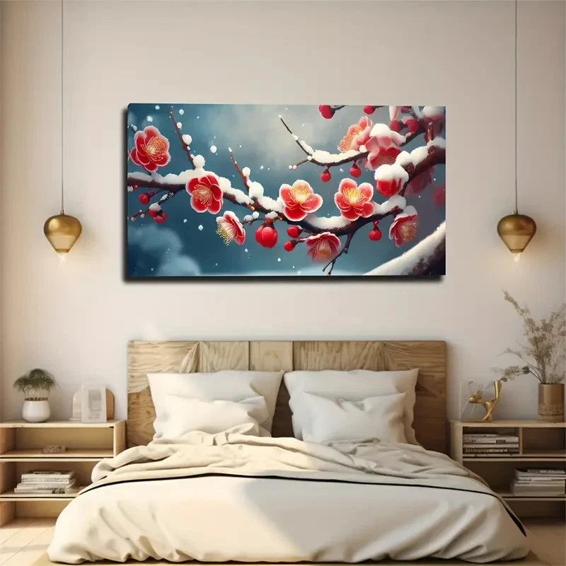 Winter Plum Snow The Branch Wall Art Canvas Office Home Room Framed 120x60cm