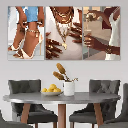 3pcs Fashionable Black Women With Heel Rings & Wine Glass Wall Art Canvas Unframed - High Quality Print 100% Australian Made Wall Canvas