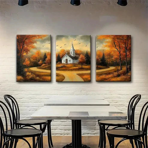 3pcs Autumn Church Landscape Rustic Perfect Wall Art Canvas Unframed - High Quality Print 100% Australian Made Wall Canvas - Bella Home Decor
