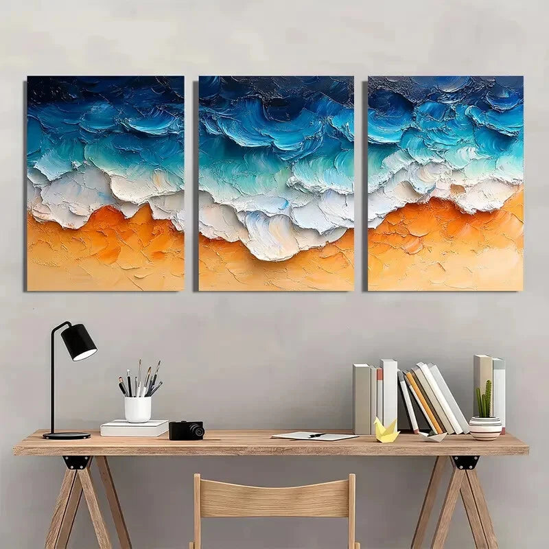 3pcs Vibrant Ocean Waves & Sandy Shore Scene Metal Print Ready to Hang Art - Bella Home Decor