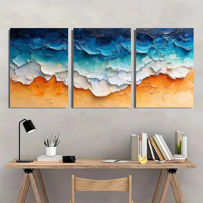 3pcs Vibrant Ocean Waves & Sandy Shore Scene Metal Print Ready to Hang Art - Bella Home Decor