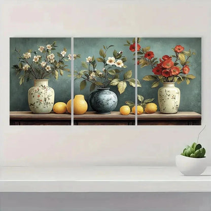 3pcs Antique Vase & Botanical Illustration Metal Print Ready to Hang Art - Bella Home Decor