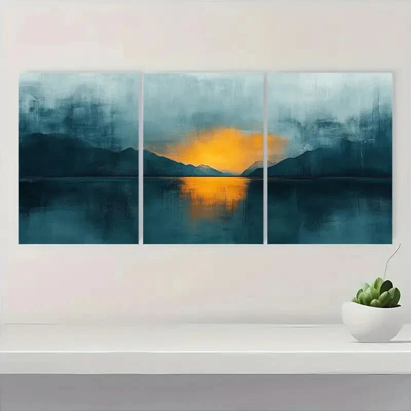 3pcs Teal & Tan Pastel Abstract Reflection Design Metal Print Ready to Hang Art - Bella Home Decor