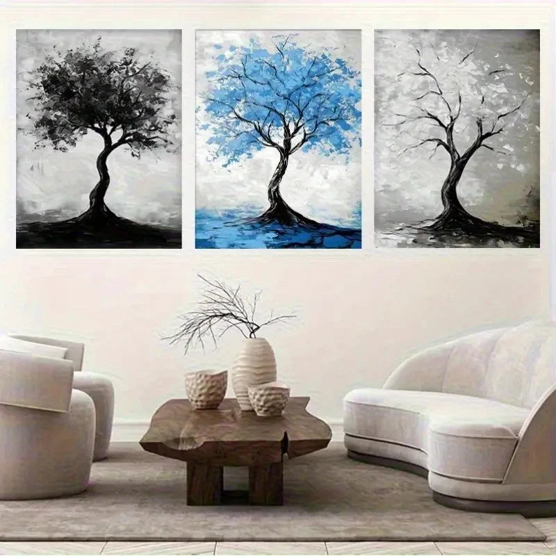 3pcs Modern Abstract Tree Black Blue & Gray Metal Print Ready to Hang Art