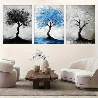 3pcs Modern Abstract Tree Black Blue & Gray Metal Print Ready to Hang Art