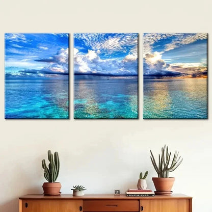 3pcs Blue Sky And White Clouds Sunny Perfect Wall Art Set Canvas Framed 50x70cm - High Quality Print 100% Australian Made Wall Canvas Ready to Hang - Bella Home Decor