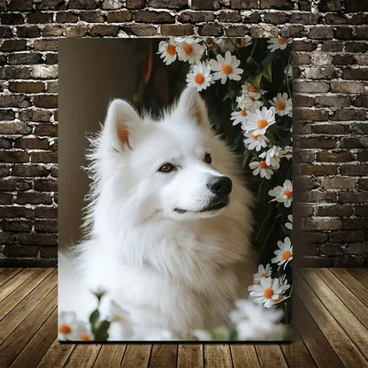 Flowers And Plants Cute Samoyed Dog Painting 40x60cm Metal Print Ready to Hang