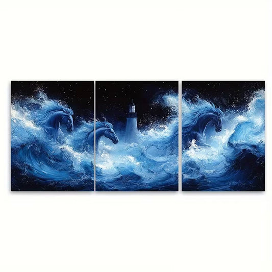 3pcs Lighthouse Ocean Art Sea Horses Metal Print Ready to Hang Art