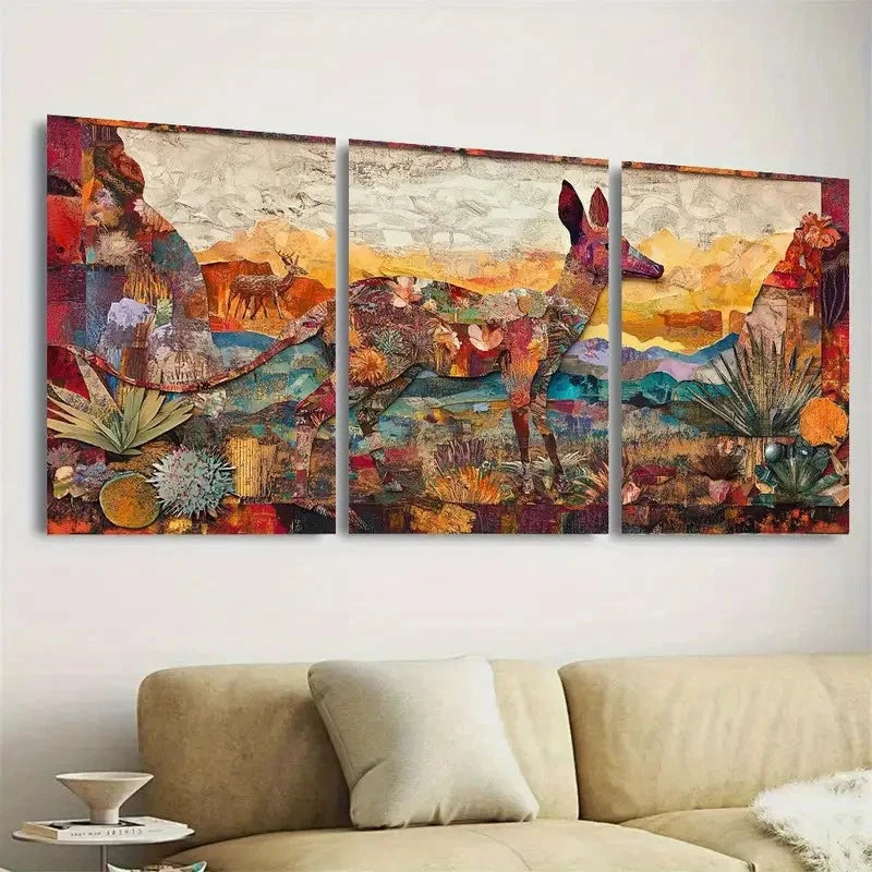 3pcs Vibrant Kanga & Wildlife Wall Art Set Canvas Framed 40x60cm - High Quality Print 100% Australian Made Wall Canvas Ready to Hang